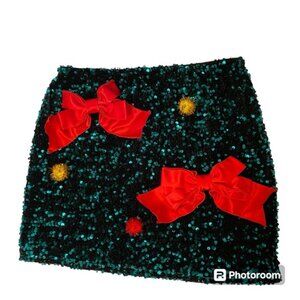 LOVE ON A HANGER SKIRT MINI GREEN SEQUINS RED BOWS POM POMS HOLIDAY XMAS SIZE M